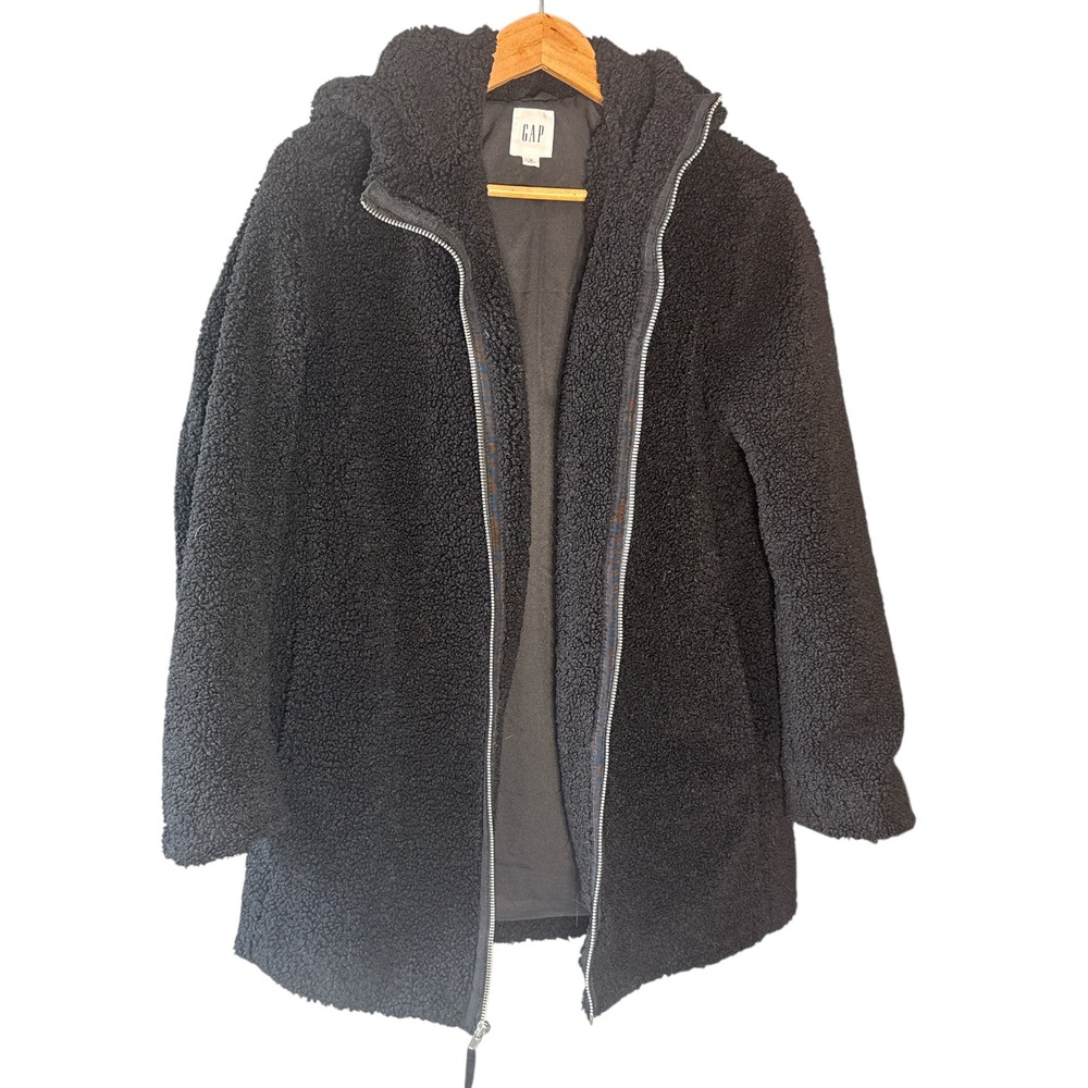 GAP Women's Black Cozy Teddy Fleece Hooded Zip Up Jacket‎  Size Medium Winter